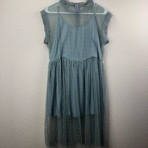 Turquoise Slip Dress with Mesh Overlay